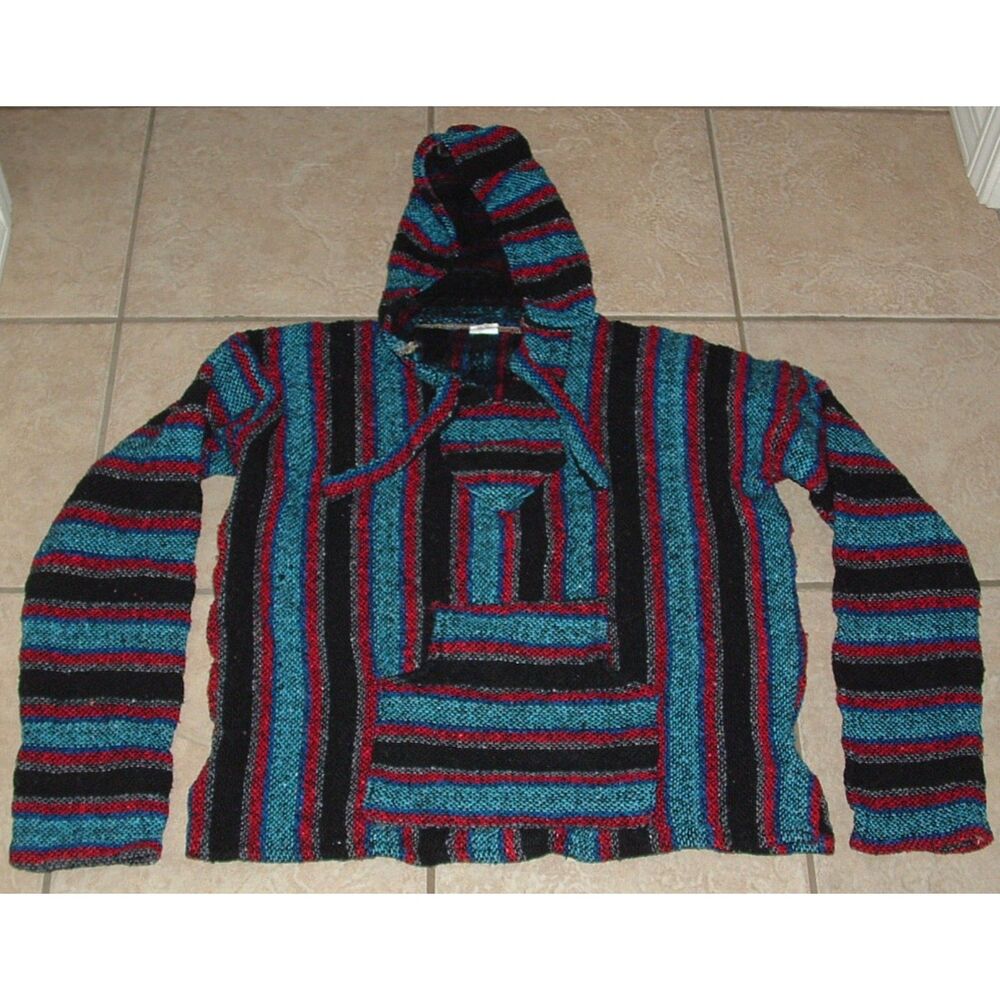 MR BAJA Mens Sz Large Hooded Mexican Hoodie Hippie Striped Sweater Front Pocket